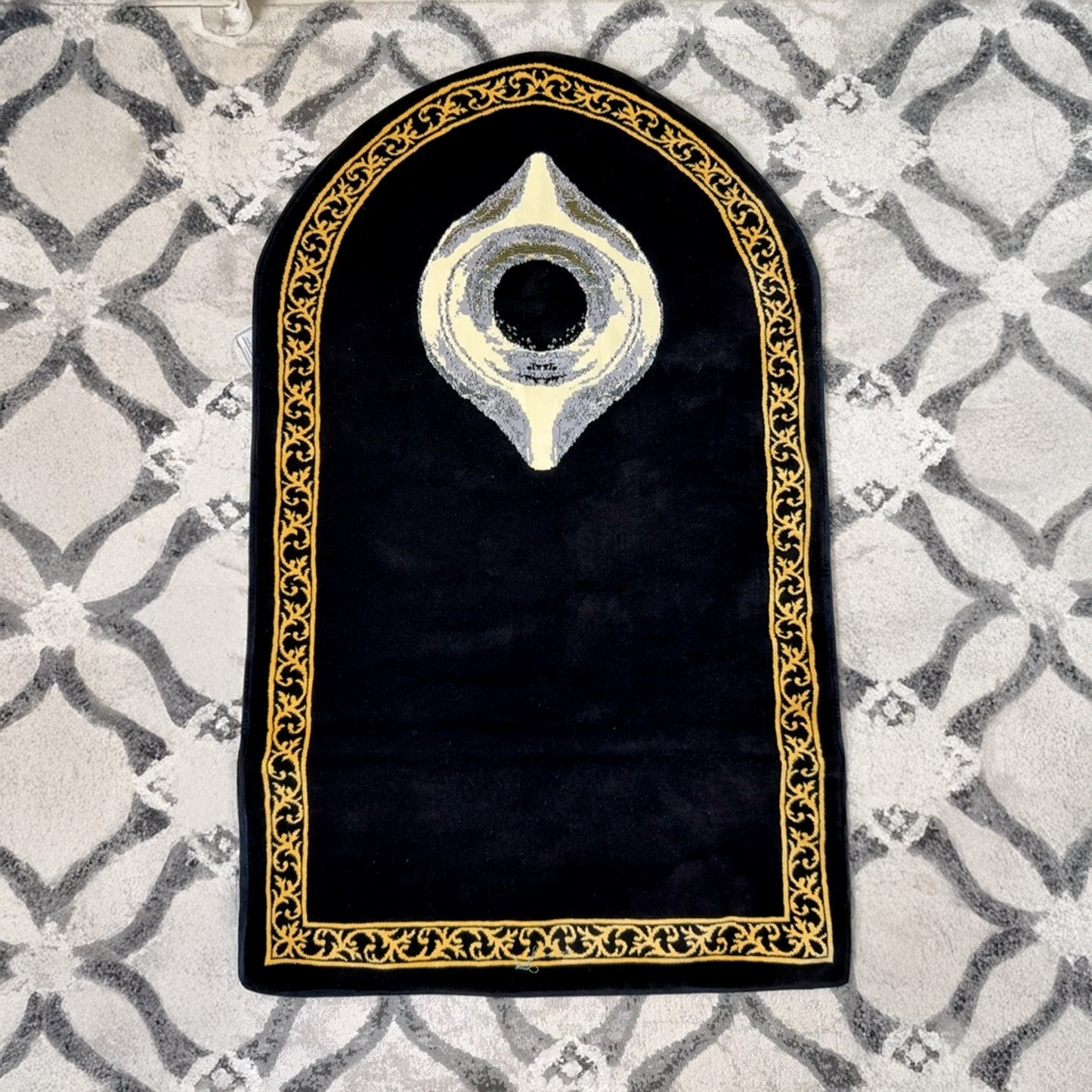 Black Stone Padded Prayer Mat Arched with Hand Bag