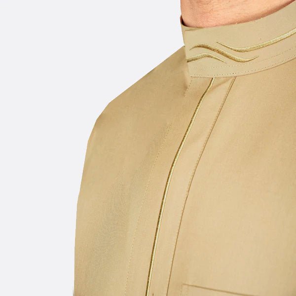 Modern Embroidery Thobe Zipper - Tan - Nusuki Saudi Arabia