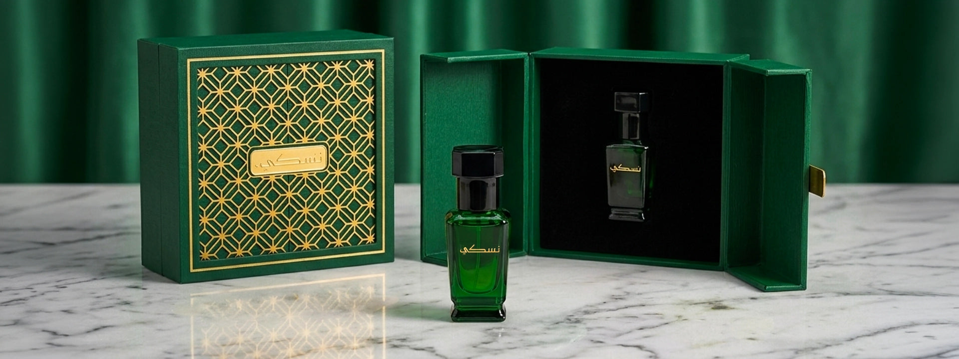 Nusuki's premium oils collection banner featuring pure musk and aged Indian oud bottles.