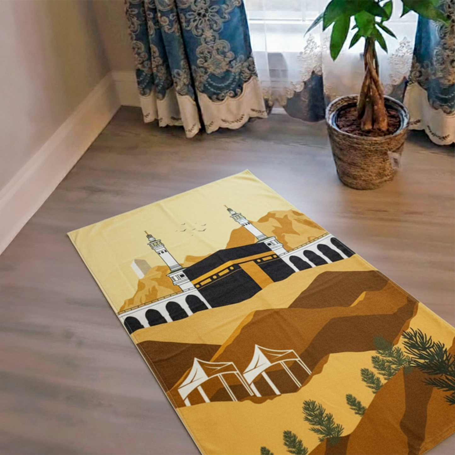 سجادة صلاة مطبوعة بتصميم الكعبة | مستوحاة من مكة المكرمة مع علبة