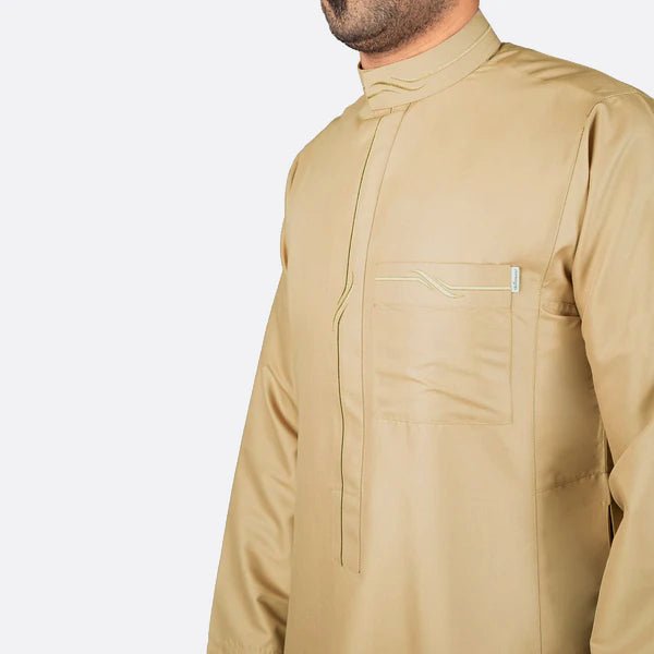 Modern Embroidery Thobe Zipper - Tan - Nusuki Saudi Arabia