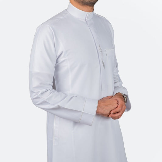 Modern Embroidery Thobe Zipper 2 - White - Nusuki Saudi Arabia