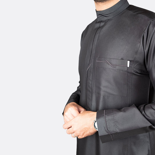 Modern Embroidery Thobe Zipper - Black - Nusuki Saudi Arabia