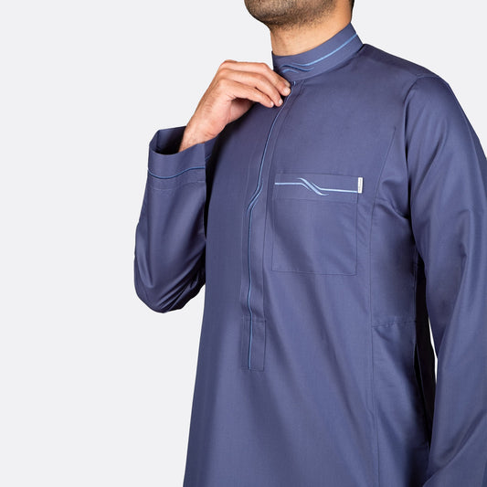 Modern Embroidery Thobe Zipper - Dark Blue - Nusuki Saudi Arabia